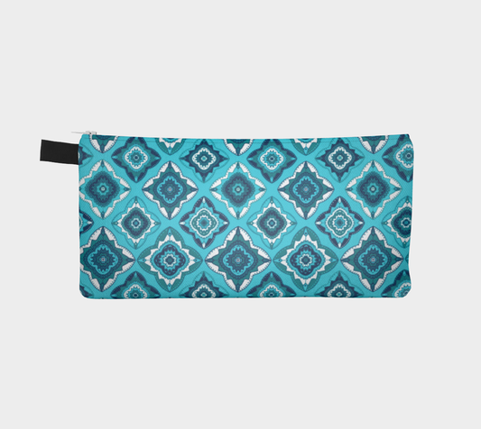 Diamond Medallions Pencil Case, Navy, Blue, Gray, Teal, Small Polyester Twill Bag