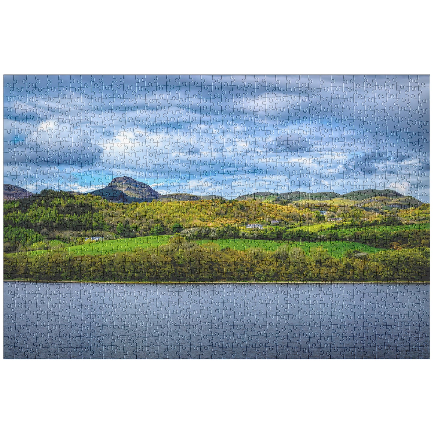 1014 Piece Jigsaw Puzzle, Ireland Landscape Photography with Lake, Houses, Yellow Furze, Mountains