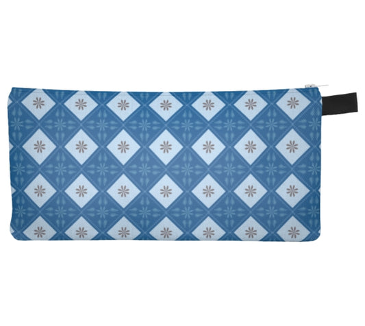 Blue Floral Diamonds Pencil Case, Small Polyester Zipper Bag