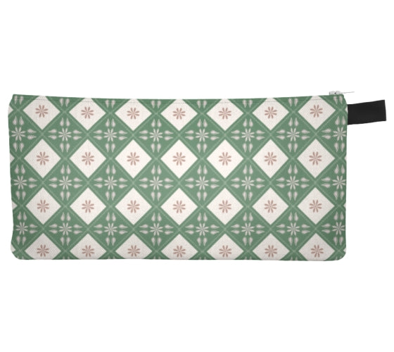 Green Floral Diamonds Pencil Case, Small Polyester Zipper Bag