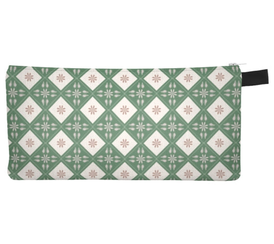 Green Floral Diamonds Pencil Case, Small Polyester Zipper Bag