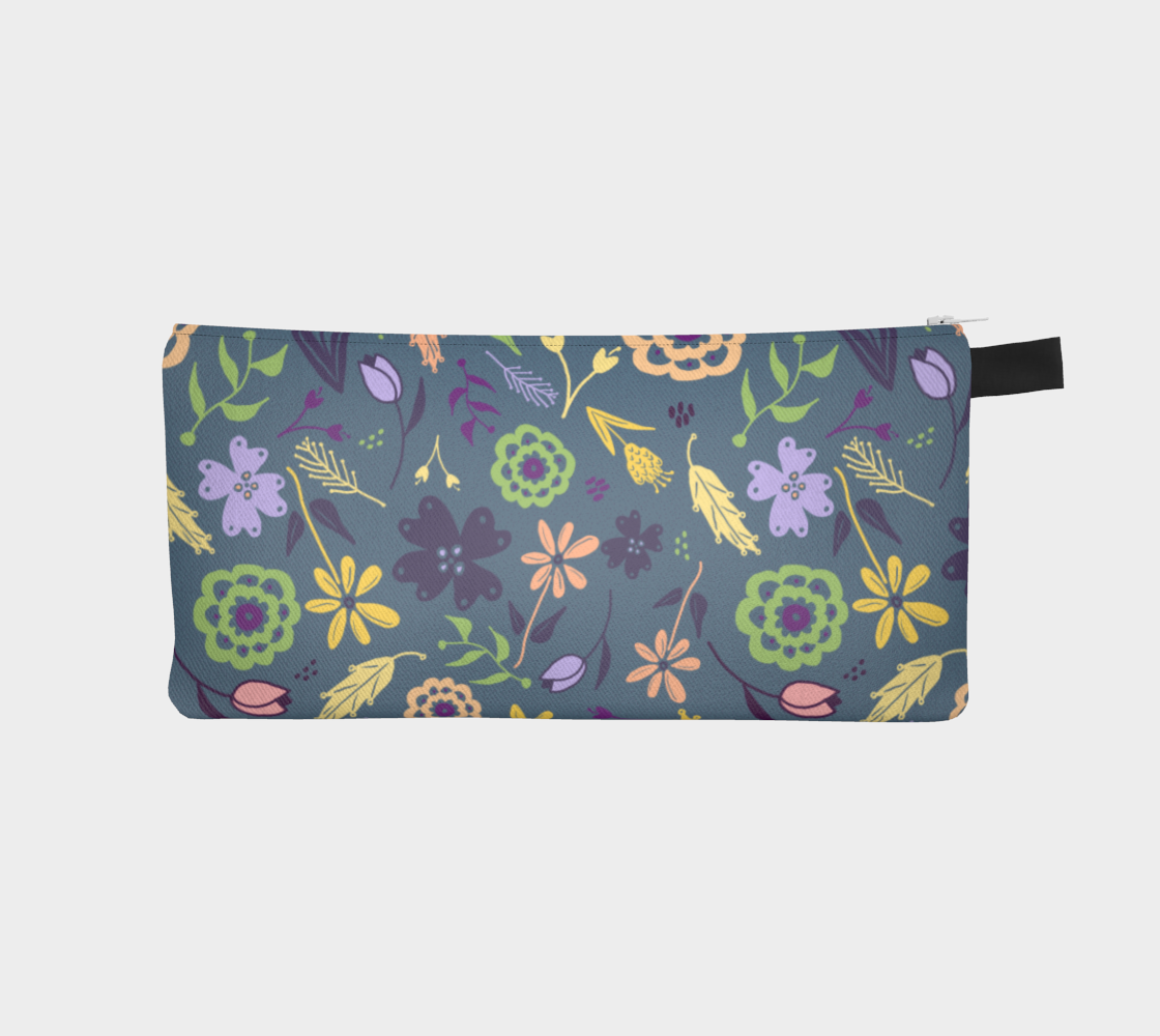 Flowers & Feathers Teal Pencil Case, Small Polyester Twill Bag