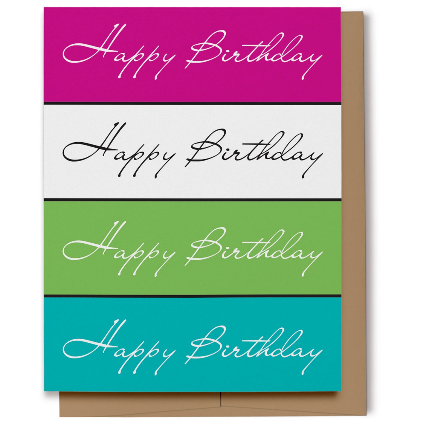 Colorful and bright Happy Birthday card featuring "Happy Birthday" four times in different color blocks of pink, white, green and blue.