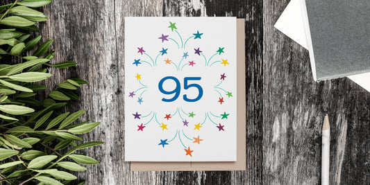 Reaching the age of 95 is definitely a milestone worth celebrating. This eco-friendly card proudly displays the number '95' in the midst of vibrant shooting stars, making it the perfect choice for this special occasion. A perfect card for Grandma, Grandpa, Mom or Dad who is celebrating their 95th birthday. Made with premium recycled paper, it's both a thoughtful and luxurious option.