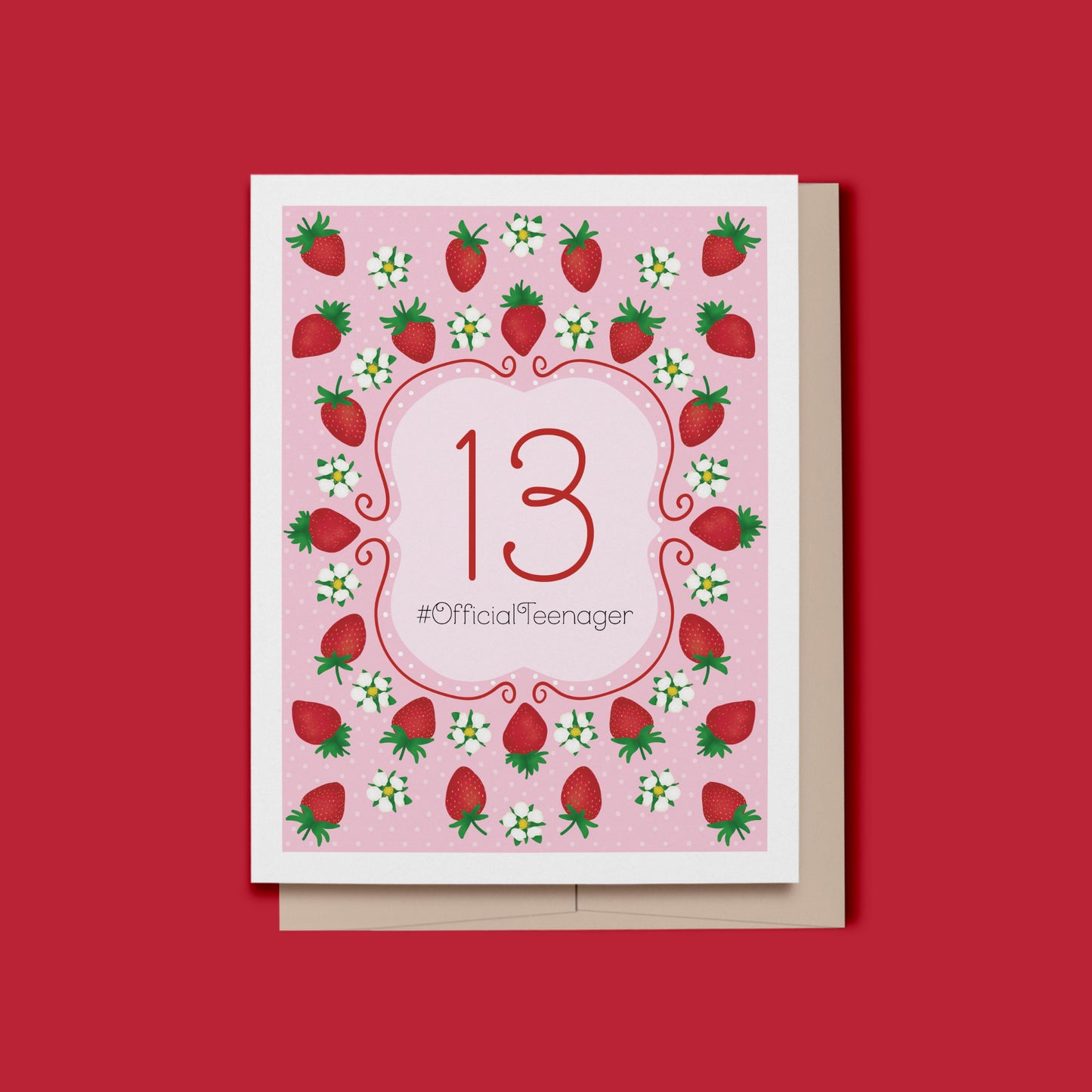 hand-drawn strawberries and flowers on a soft pink backdrop