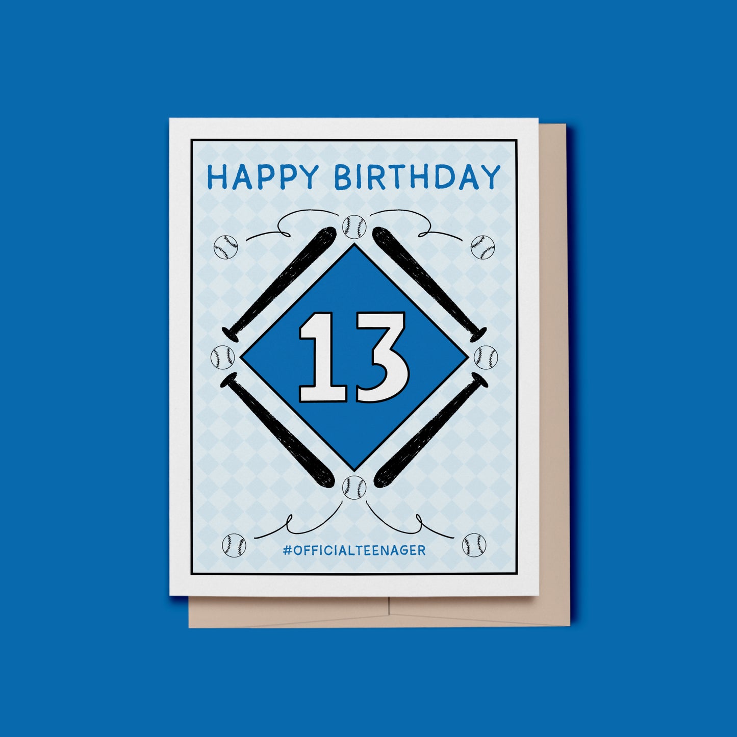 Hand illustrated 13th birthday card featuring baseballs and bats on a gentle blue backdrop.