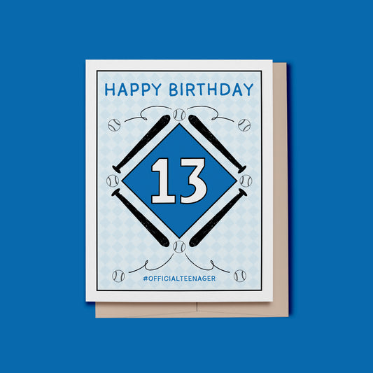 Hand illustrated 13th birthday card featuring baseballs and bats on a gentle blue backdrop.
