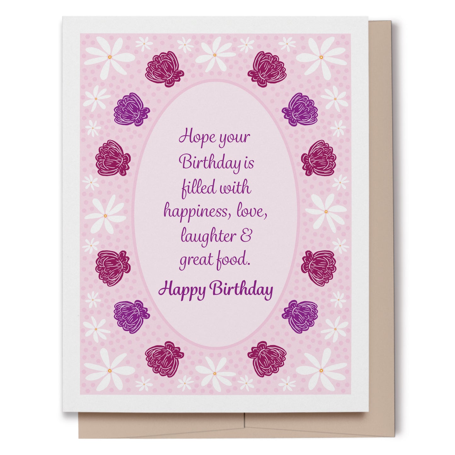 A pretty feminine floral Happy Birthday card featuring script text which reads, Hope your Birthday is filled with happiness, love, laughter and good food on a pastel pink polka dot background.
