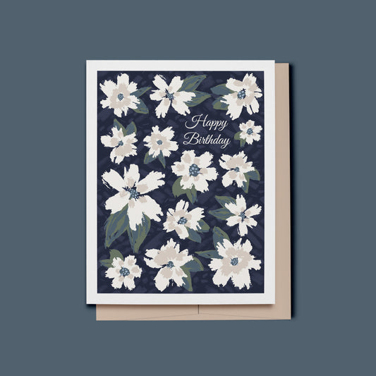 Blue and Cream Floral Happy Birthday Card