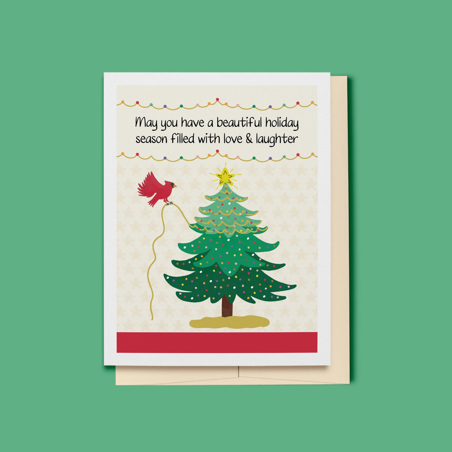 Cardinal Decorating Christmas Tree Holiday Card, Whimsical Woodlands Collection