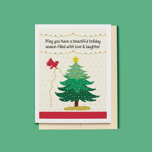 Cardinal Decorating Christmas Tree Holiday Card, Whimsical Woodlands Collection