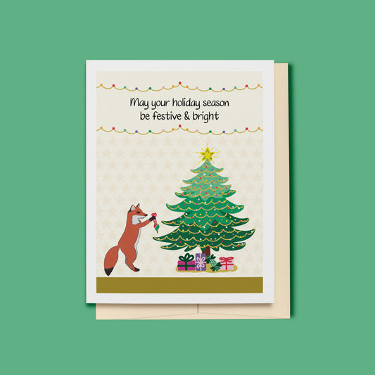 Fox Decorating Christmas Tree Holiday Card, Whimsical Woodlands Collection