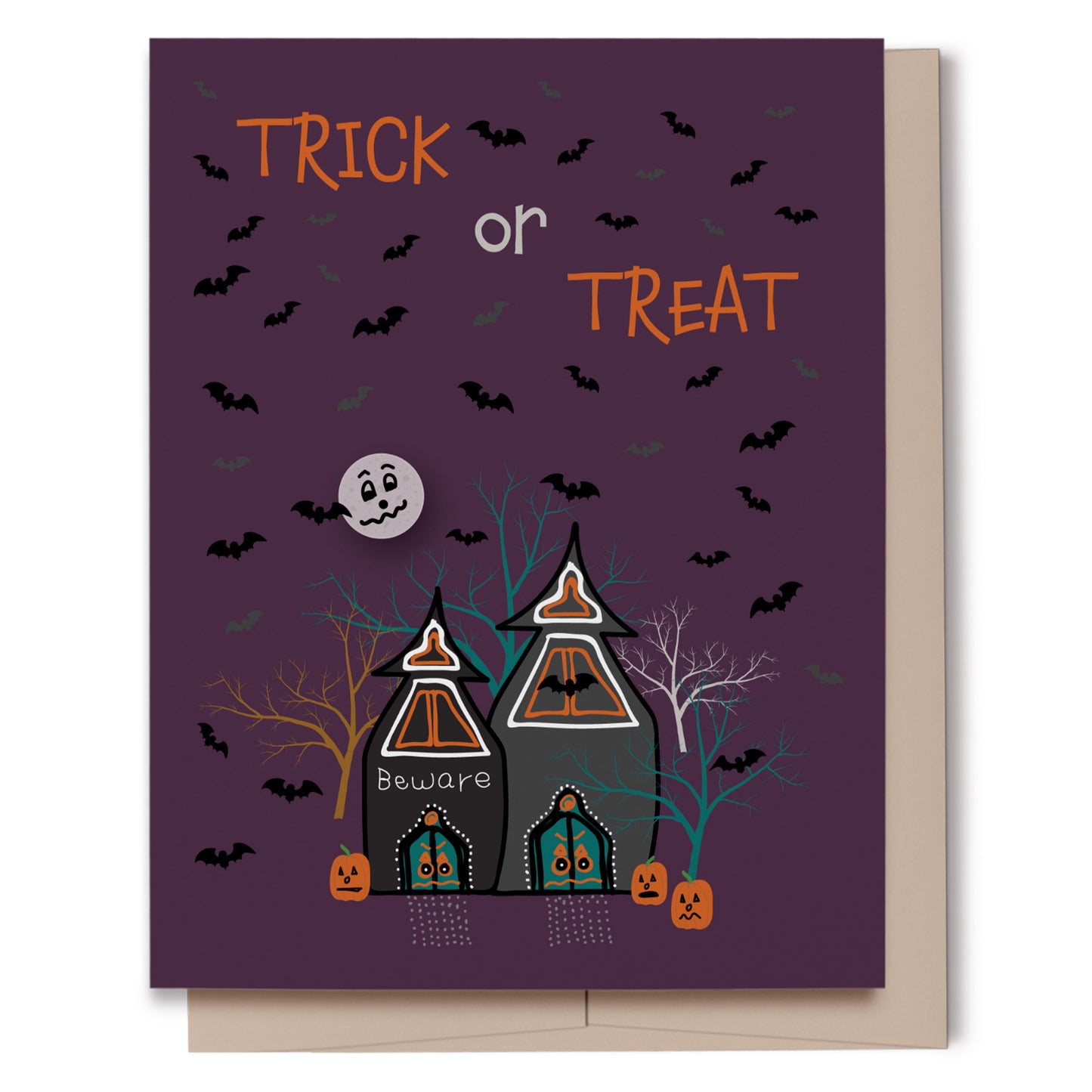 Trick or Treat Haunted Houses Halloween Card, Ecofriendly, Recycled Paper, Imperfect