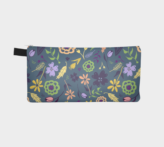 Flowers & Feathers Teal Pencil Case, Small Polyester Twill Bag