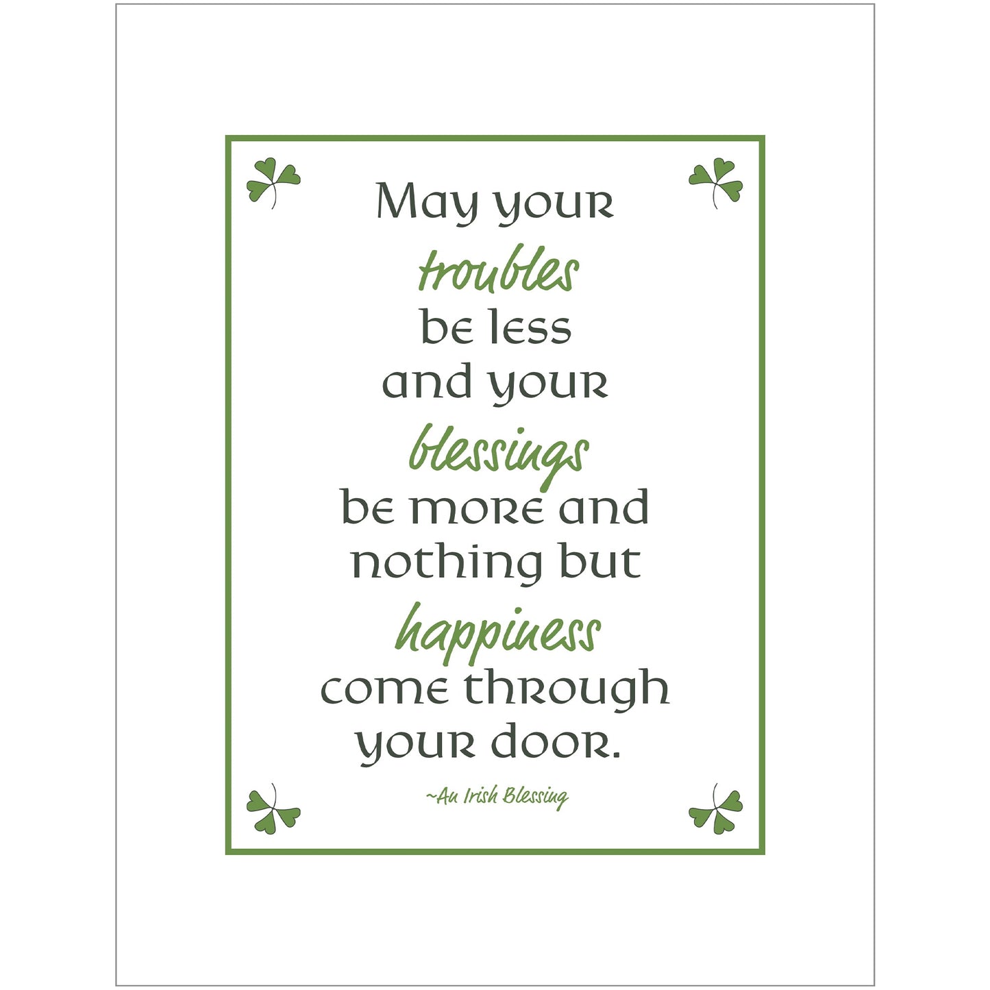 An eco-friendly art print of a of an Irish Blessing with digitally drawn shamrocks.