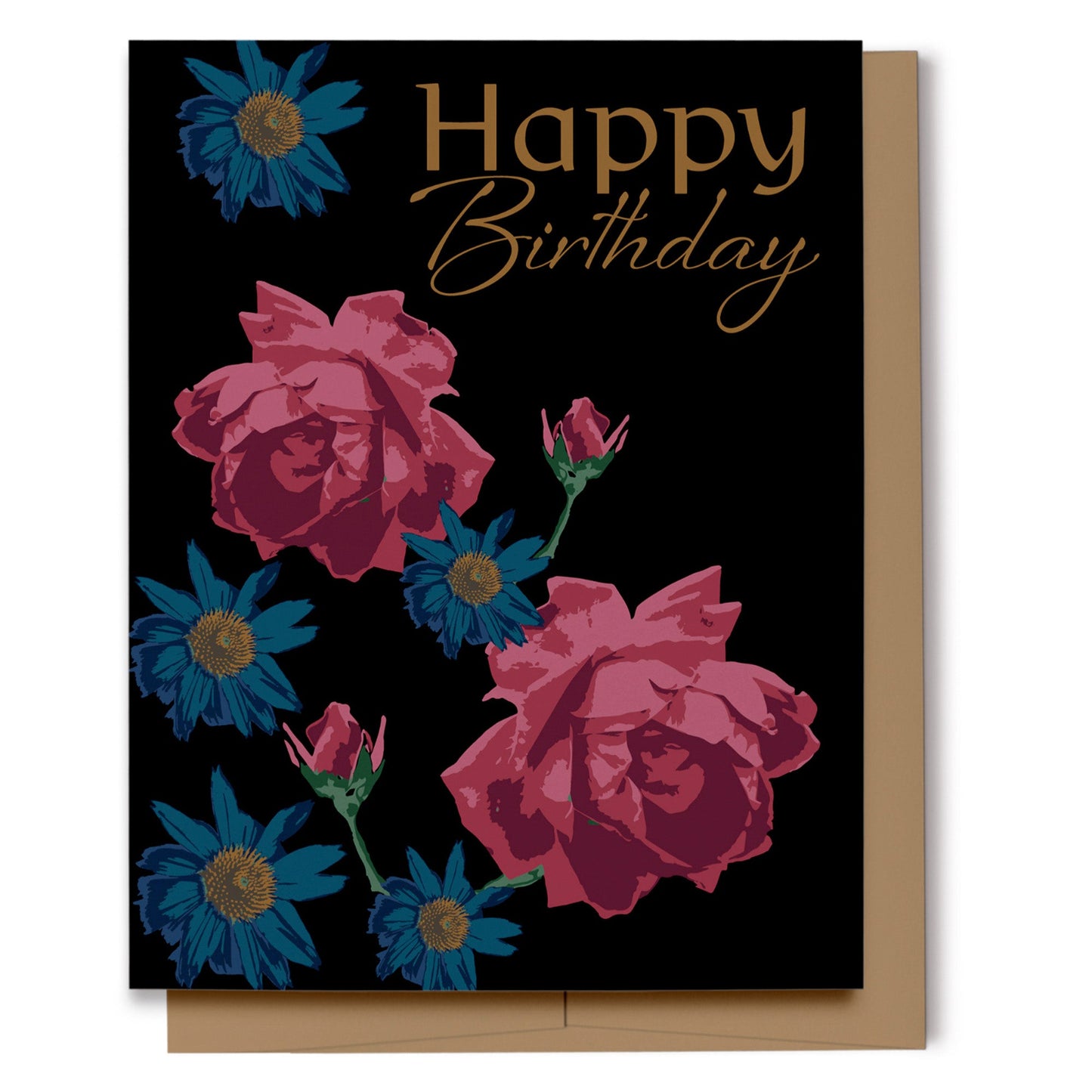 Happy Birthday card featuring pink roses and blue daisies on an almost black background with brownish text to simulate a coppery/gold color.