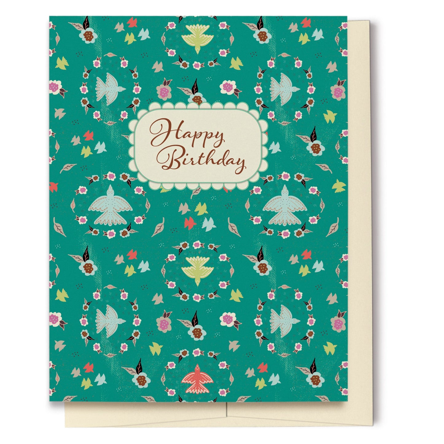 Birds & Floral Wreaths Happy Birthday Card is perfect for that special lady's birthday. Created with a vibrant teal background, this card features a layered look with texture, multi-colored flowers and birds, details reminiscent of Grandma's lace and scripted text which reads, "Happy Birthday." The pattern continues onto the back of the card.