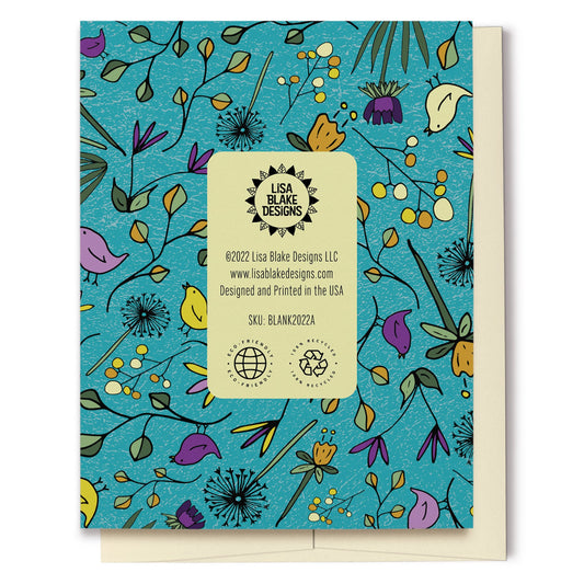 Flowers & Birds Turquoise Blank Card features a hand drawn pattern with birds and flowers in shades of purple, yellow and green on a turquoise background. The pattern extends over the back of the card too.
