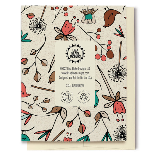 Flowers & Birds Cream Blank Card features a pattern with birds and flowers in shades of green, orange and brown on a cream background. The pattern extends over the back of the card too.