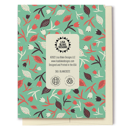 Tulips & Leaves Seafoam Green & Coral Blank Card features a pattern with tulips and leaves in shades of cream, orange and brown on a seafoam green background. The pattern extends over the back of the card too.