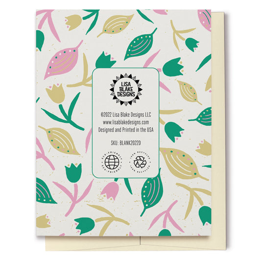 Tulips & Leaves Cream, Green & Pink Blank Card features a pattern with tulips and leaves in shades of green and pink on a cream background. The pattern extends over the back of the card too.