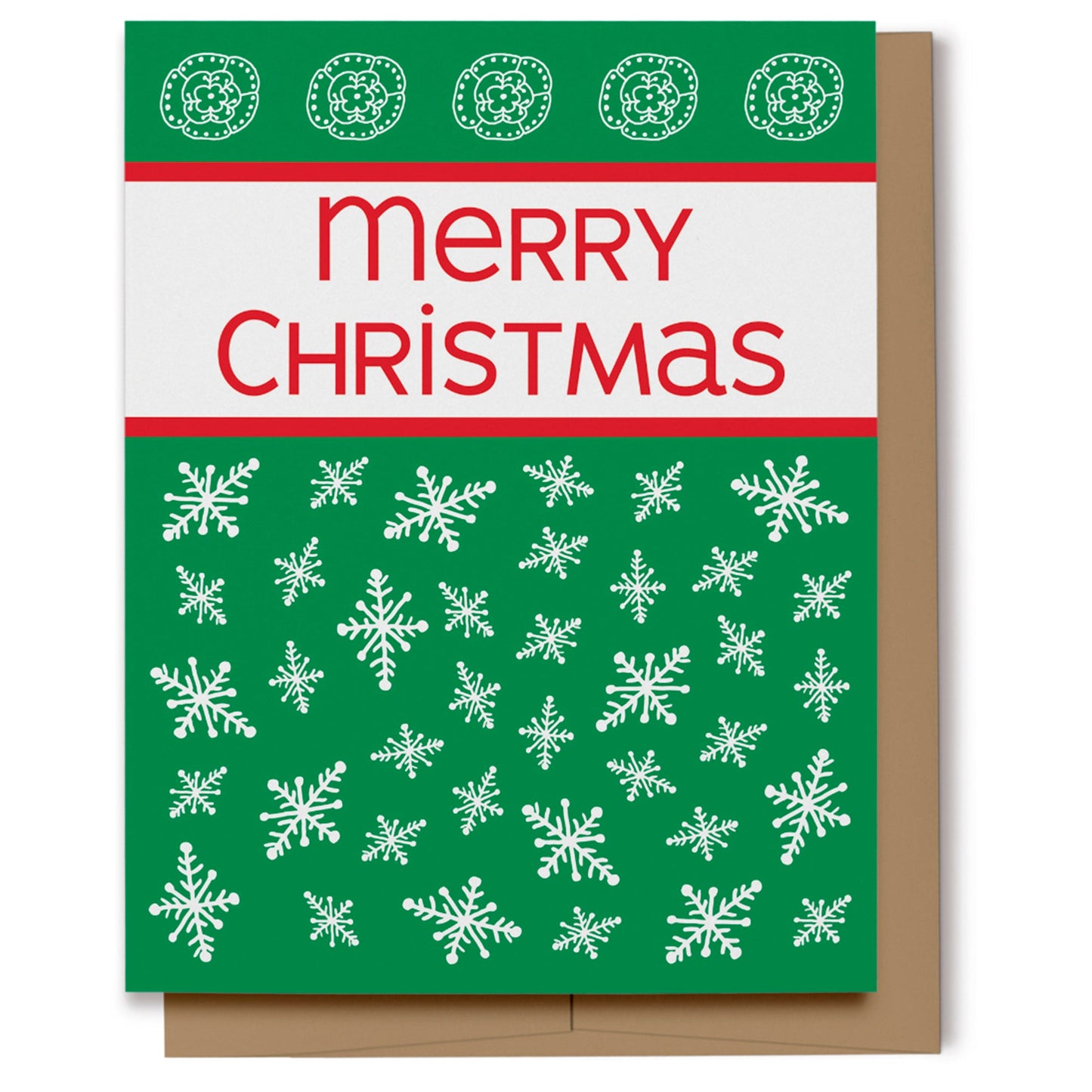 Merry Christmas card with white snowflakes on a green background with red text.