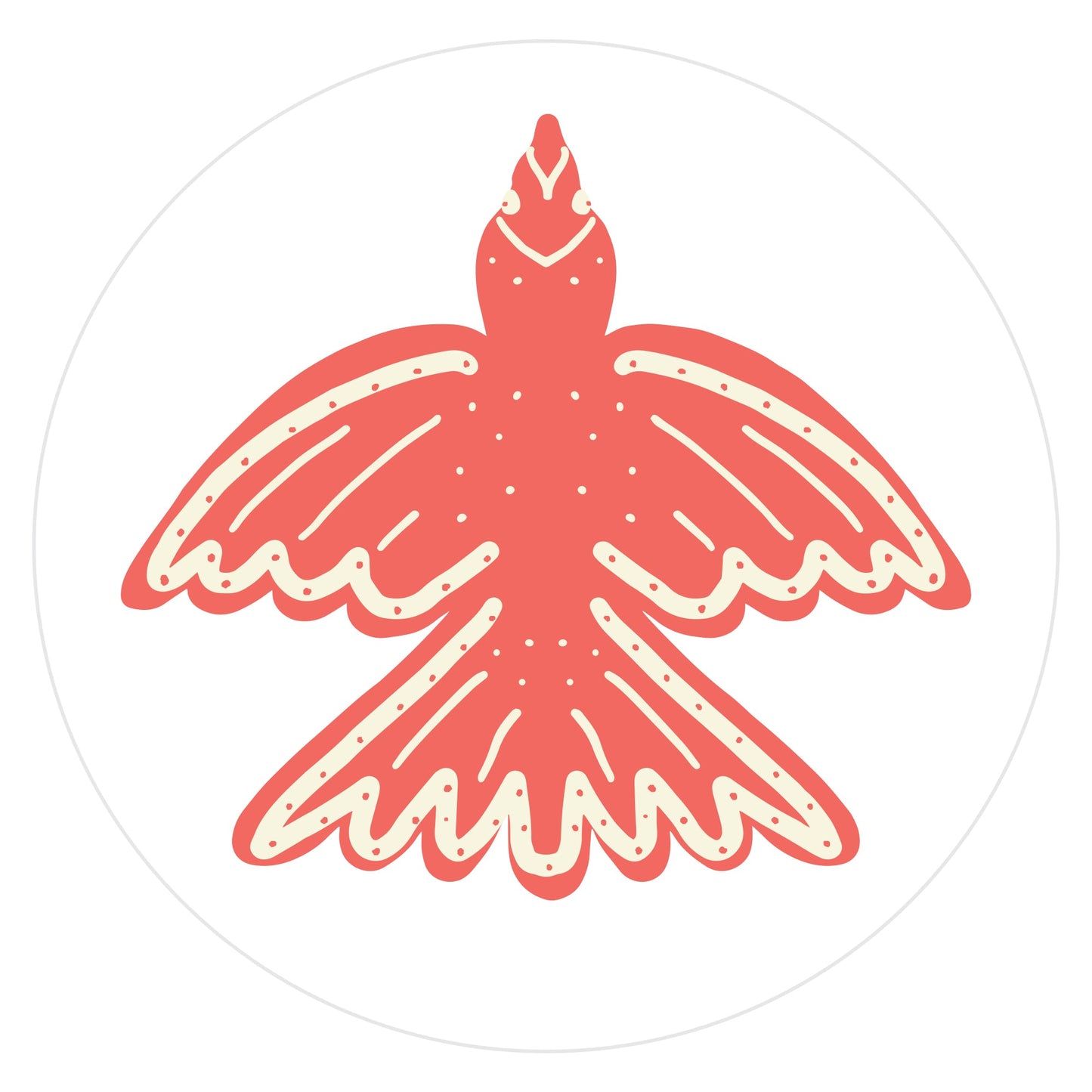 Mockup of Coral Orange Dove envelope seal featuring a hand drawn flying bird (viewed from above) colored with coral orange with beige decorative marks.