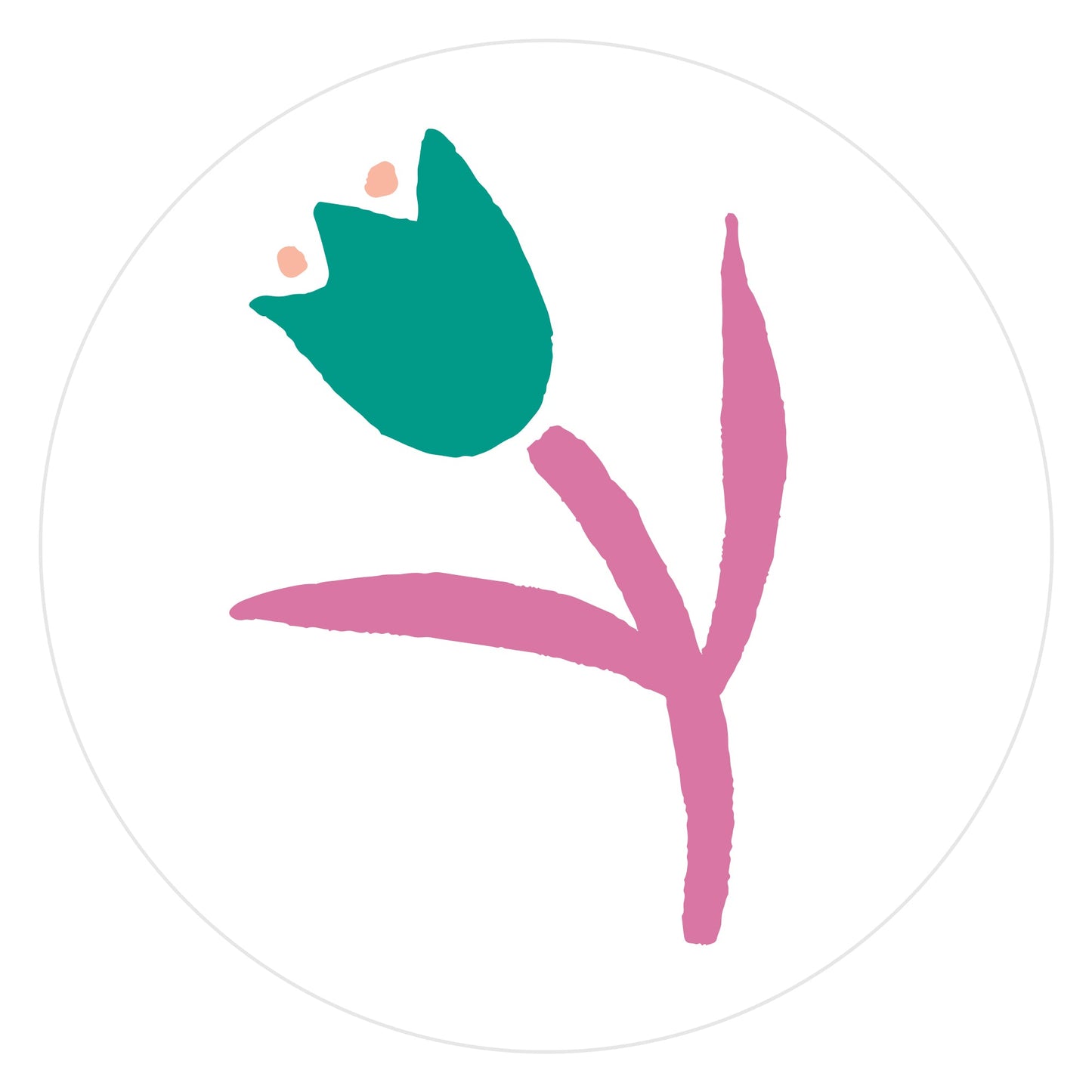 Mockup of Green and Pink Tulip envelope seal featuring a hand drawn tulip colored with green petals and pink leaves with peach stamen..