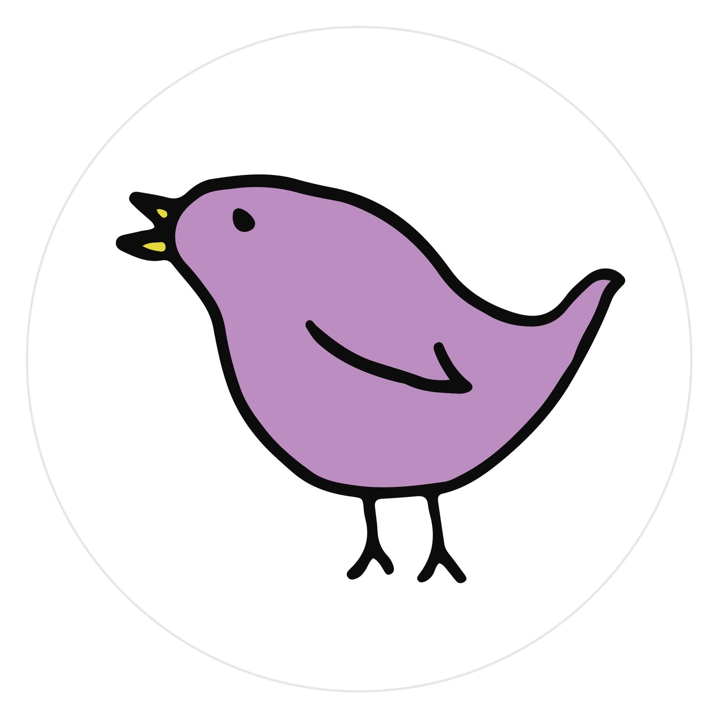 Mockup of Purple Sorbet Birdie envelope seals featuring a hand drawn bird colored in purple sorbet with an yellow beak and outlined in black.