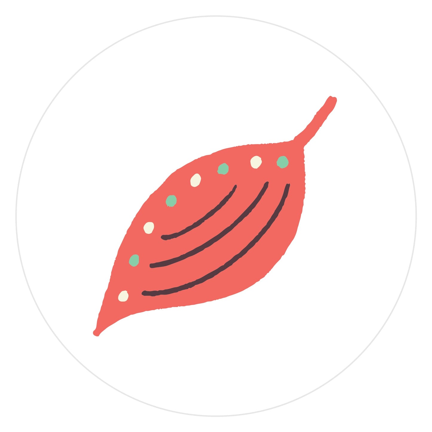 Mockup of Coral Orange Leaf envelope seals featuring a hand drawn leaf colored in coral orange with green and cream dots and brown lines.