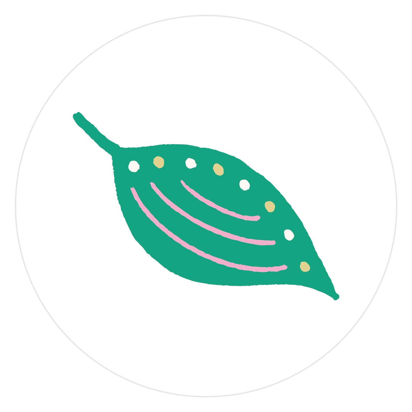 Mockup of Spring Green Leaf envelope seals featuring a hand drawn leaf colored in spring green with yellow and cream dots and pink lines.