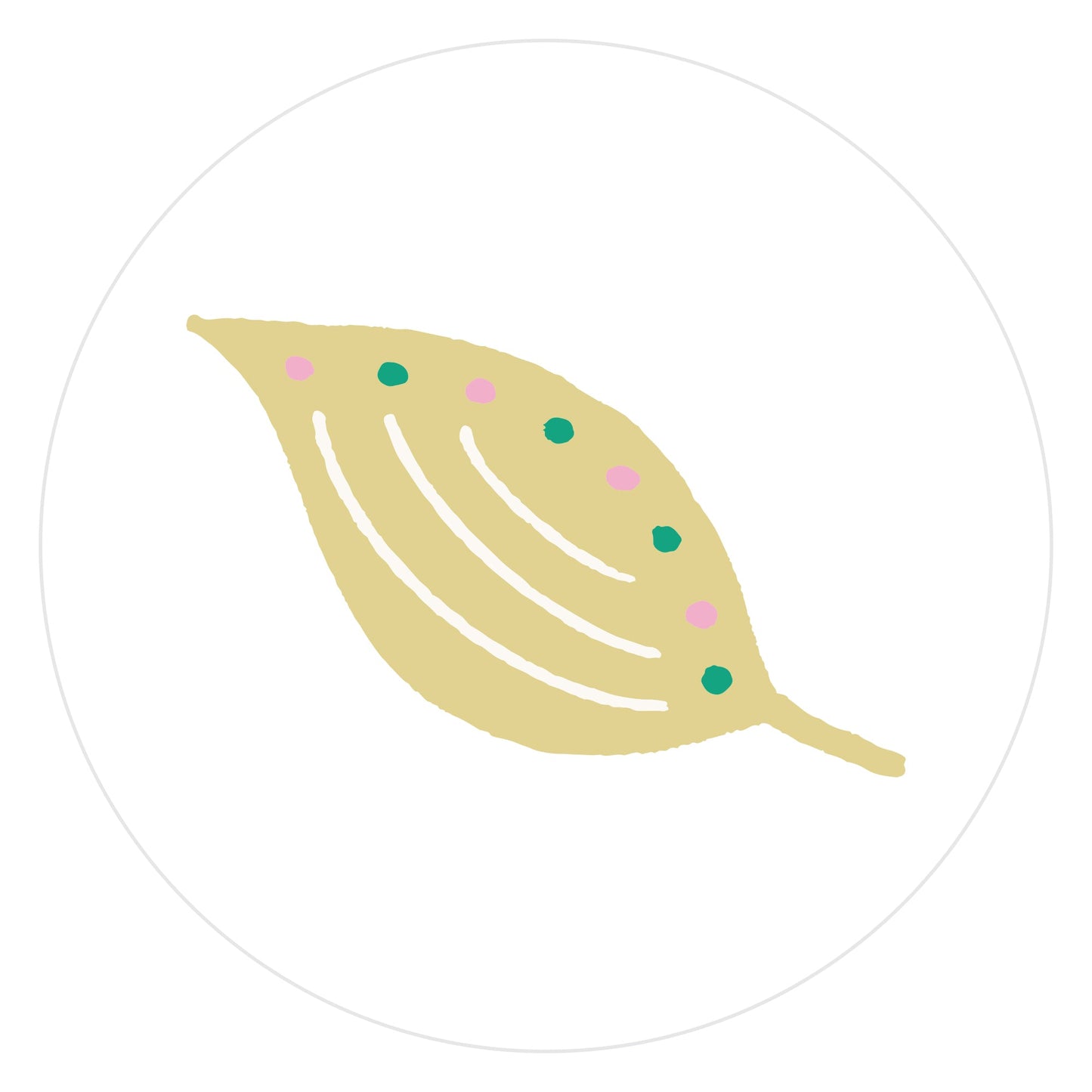 Mockup of Pale Dusty Yellow Leaf envelope seals featuring a hand drawn leaf colored in pale dusty yellow with green and pink dots and cream lines.