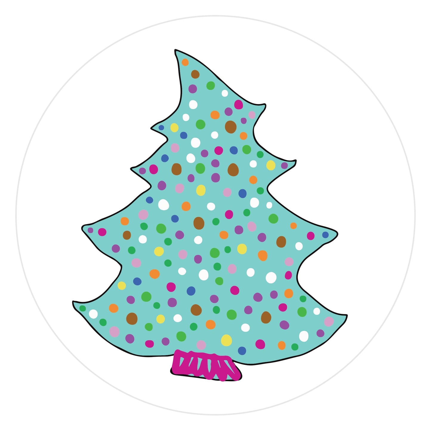 Mockup of Aqua Christmas Tree envelope seals featuring a hand drawn Christmas tree colored in aqua blue, with a pink trunk and multi-colored dots to simulate lights.
