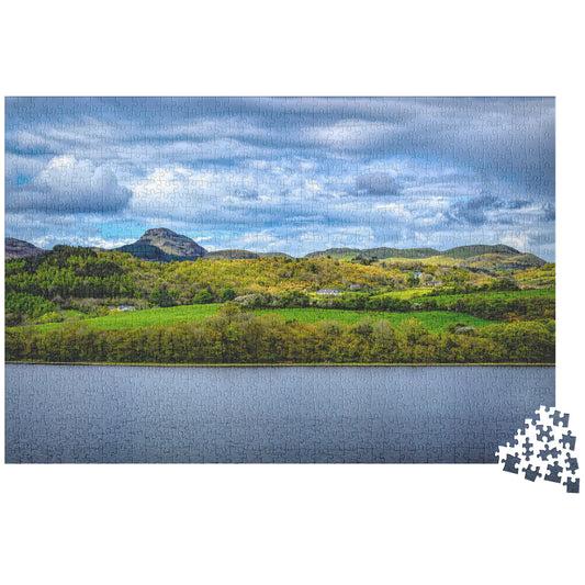 1014 Piece Jigsaw Puzzle, Ireland Landscape Photography with Lake, Houses, Yellow Furze, Mountains