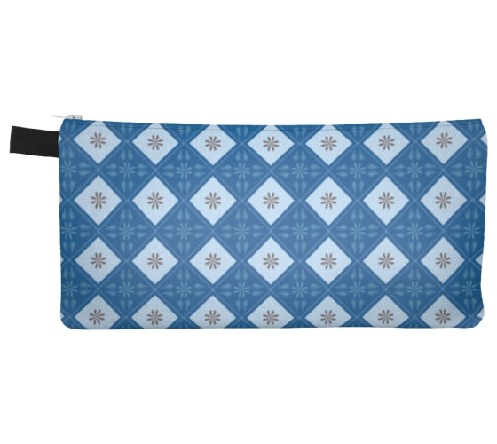 Blue Floral Diamonds Pencil Case, Small Polyester Zipper Bag