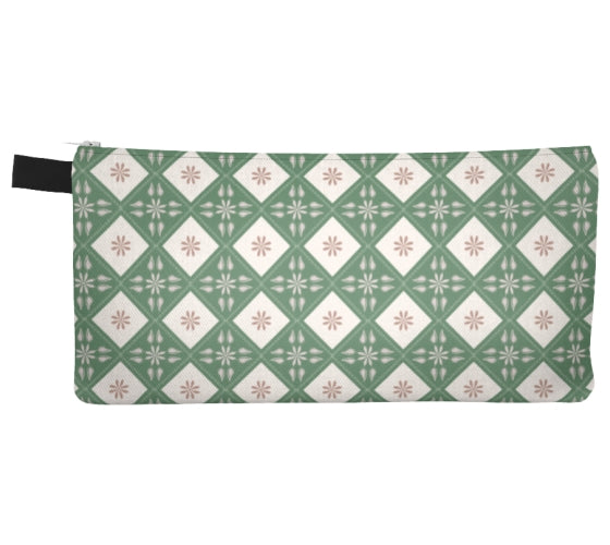 Green Floral Diamonds Pencil Case, Small Polyester Zipper Bag