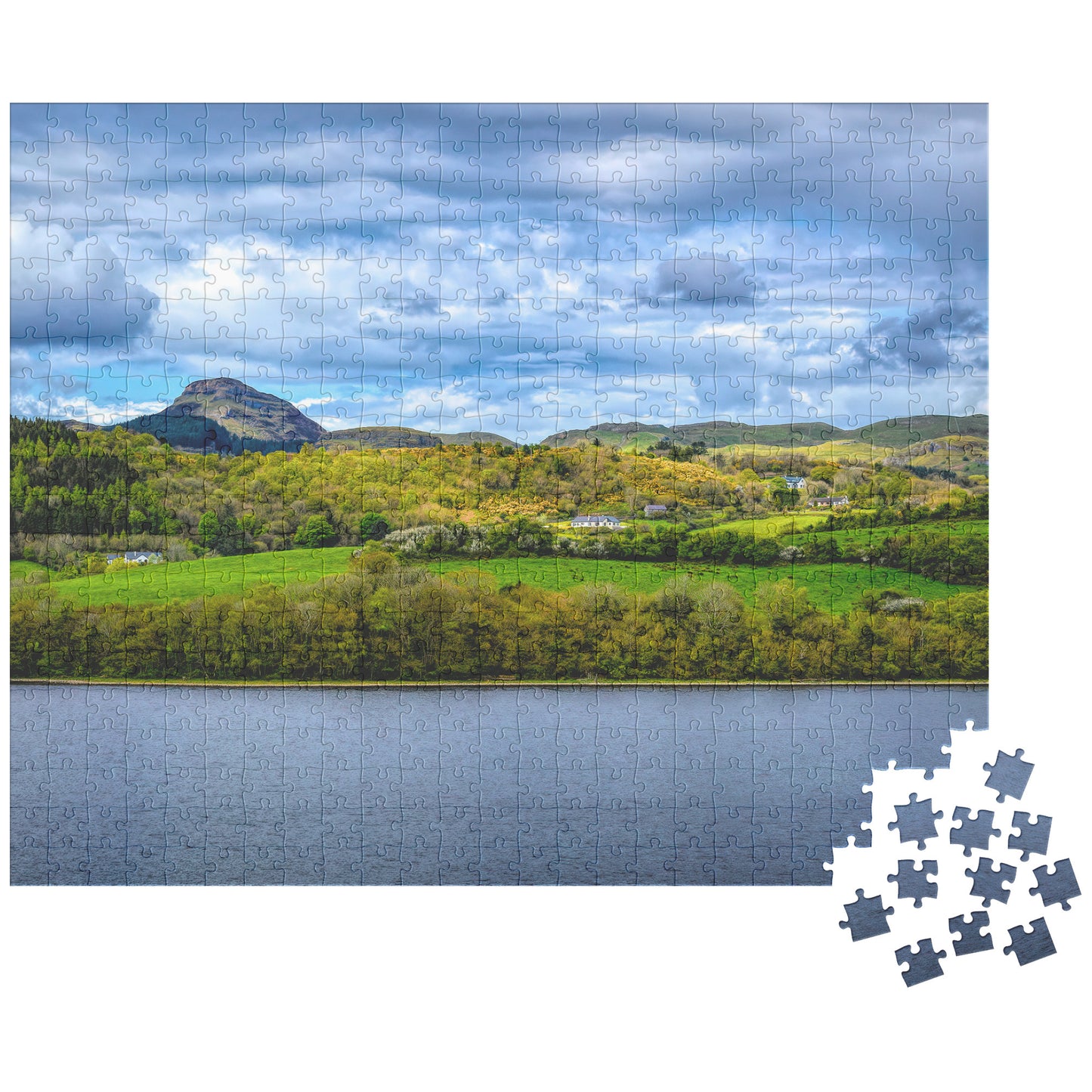 500 Piece Jigsaw Puzzle, Ireland Landscape Photography with Lake, Houses, Yellow Furze, Mountains