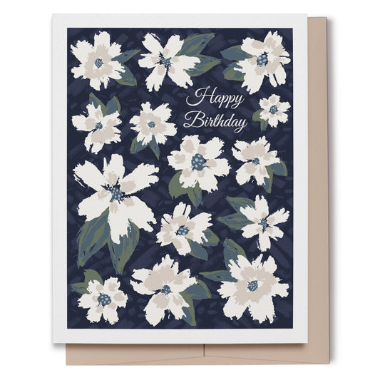 Blue and Cream Floral Happy Birthday Card