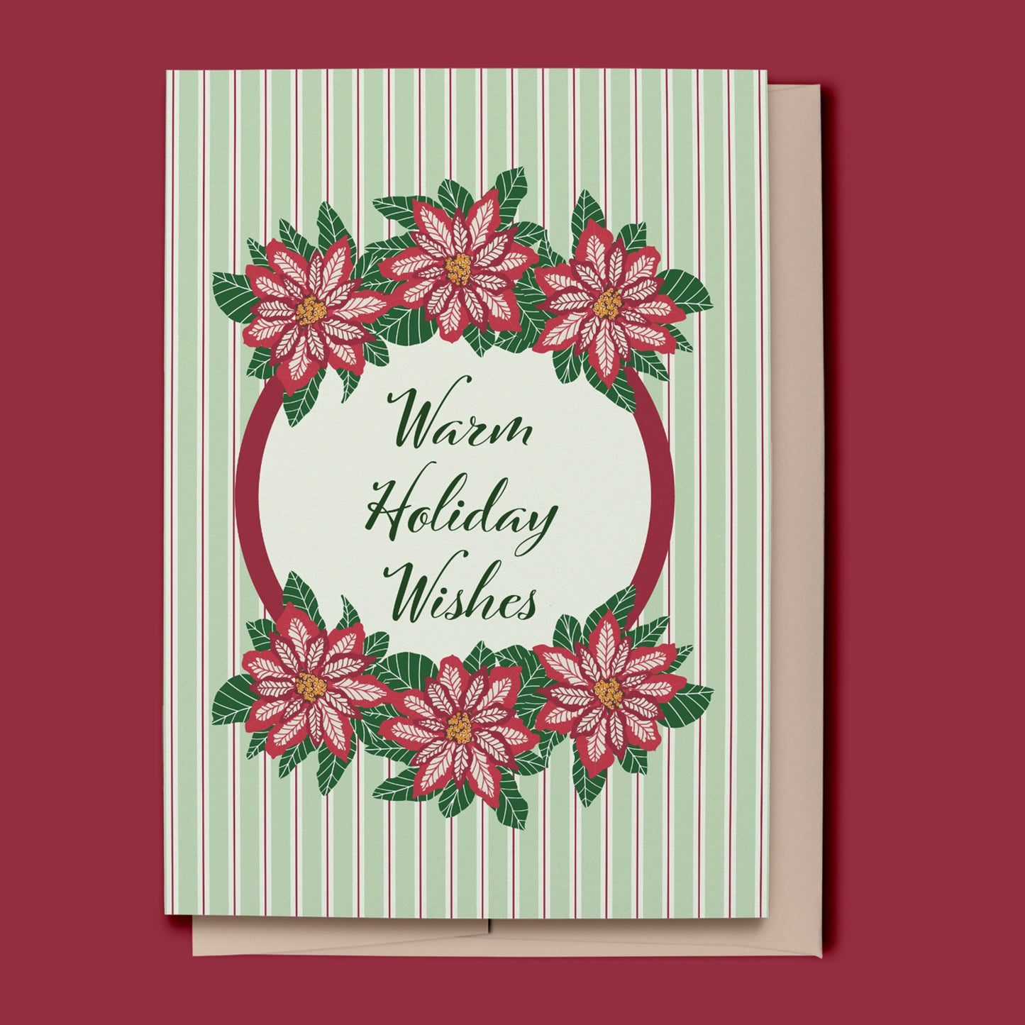Greeting card with poinsettia design and 'Warm Holiday Wishes' text on a striped background.