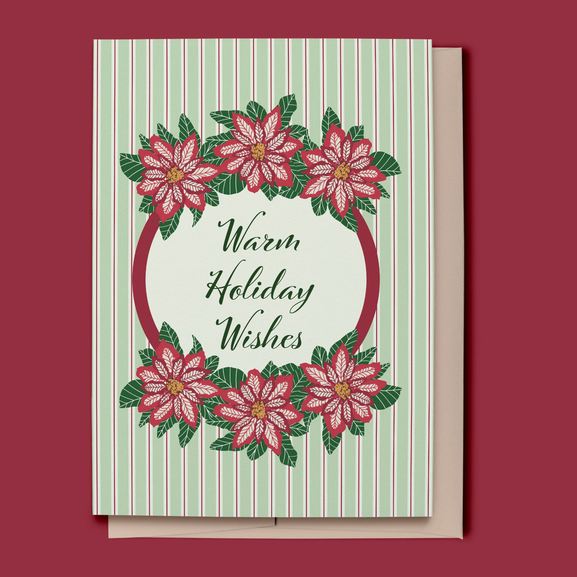 Greeting card with poinsettia design and 'Warm Holiday Wishes' text on a striped background.