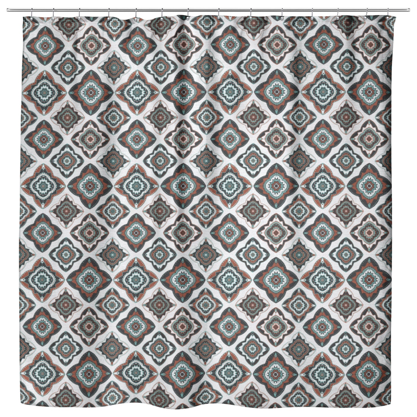 Diamond Medallions Shower Curtain, Cinnamon, Jet Black, Florida Keys Blue, China White, Medium Scale