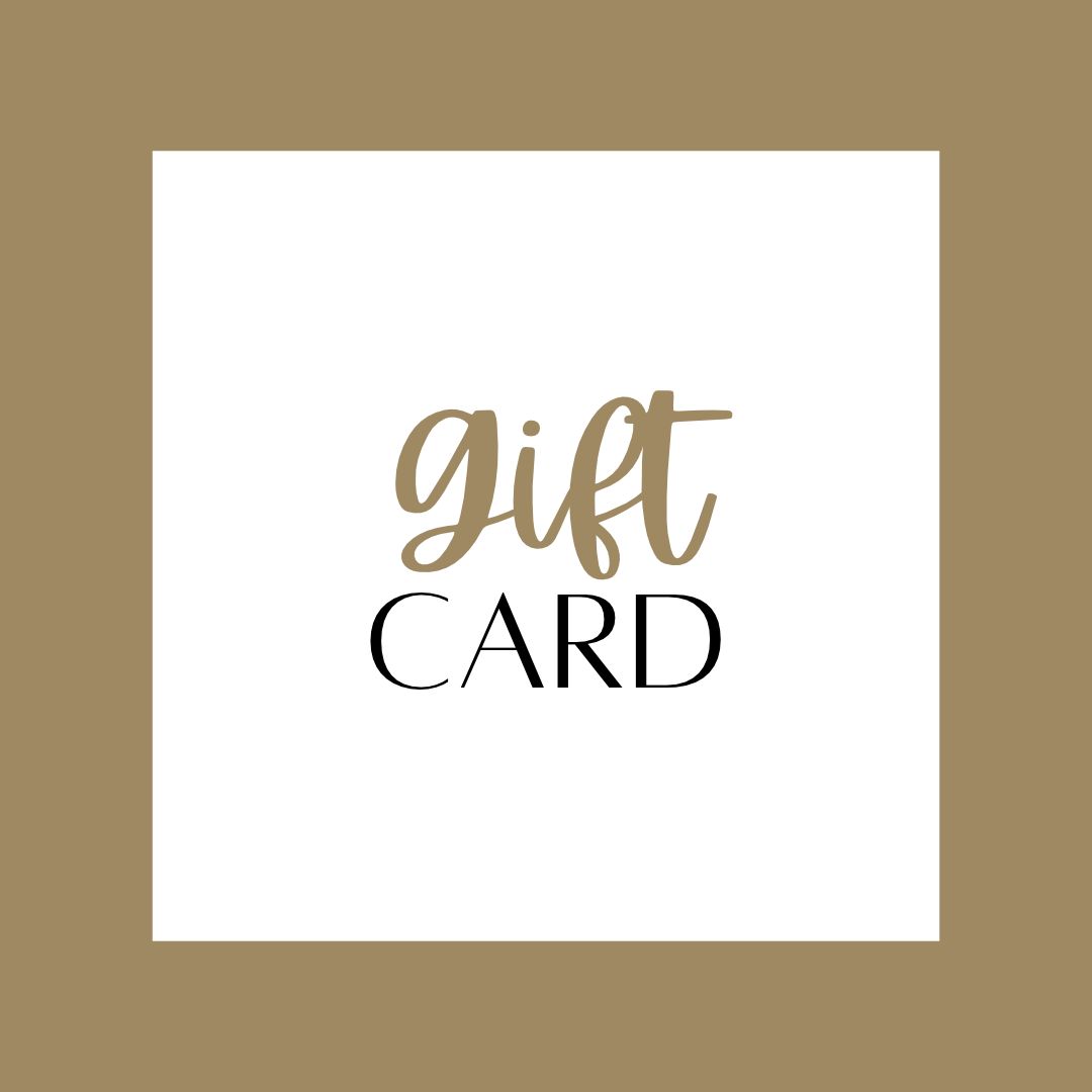 Image with a gold border and white center with text which reads, "Gift Card".