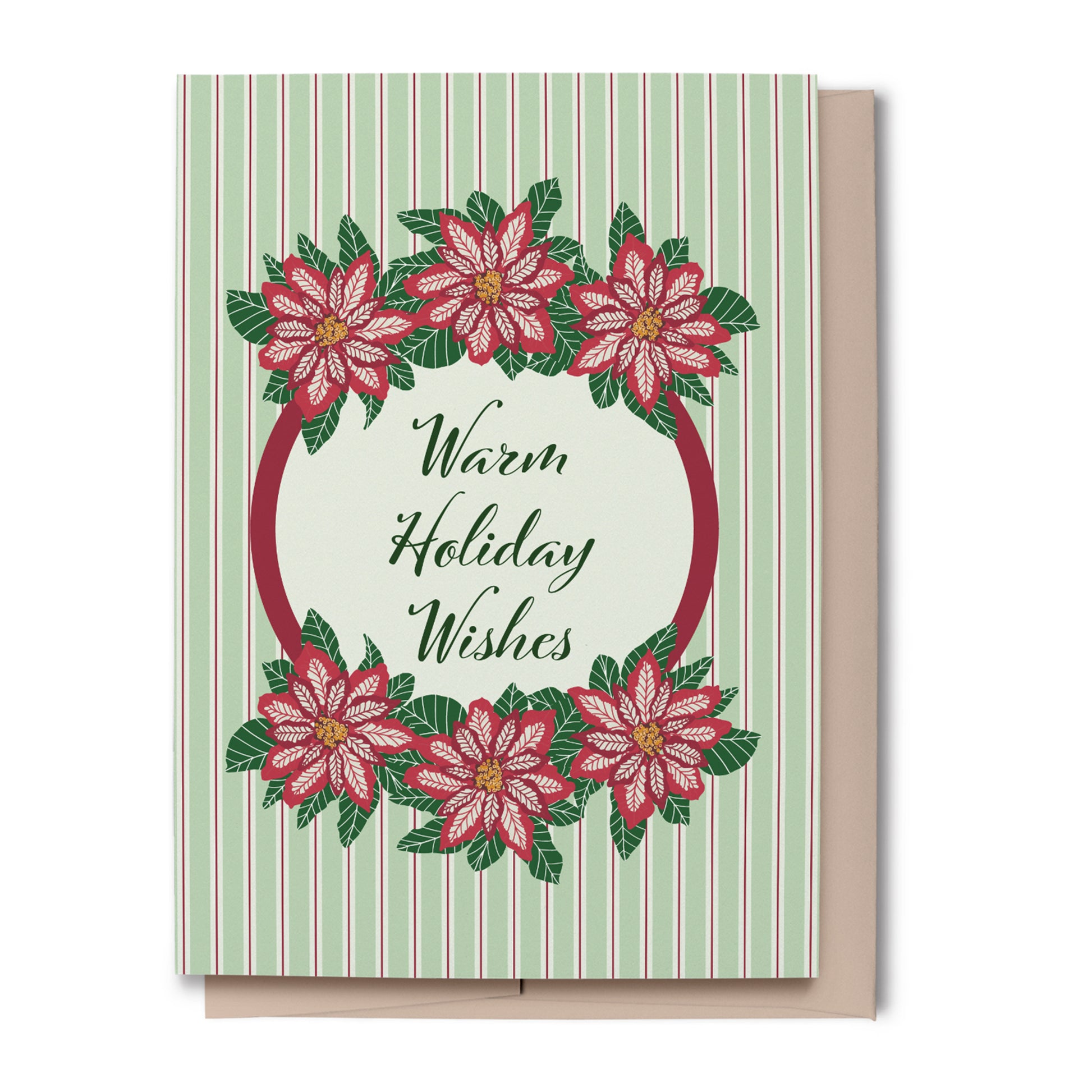 Greeting card with poinsettia design and 'Warm Holiday Wishes' text on a striped background.