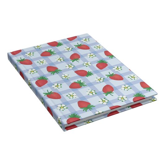 Hardcover journal with red strawberries and white flowers on blue gingham.