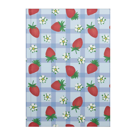 Hardcover journal with red strawberries and white flowers on blue gingham.