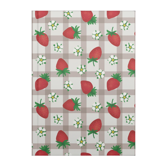 Hardcover journal with red strawberries and white flowers on brown gingham.