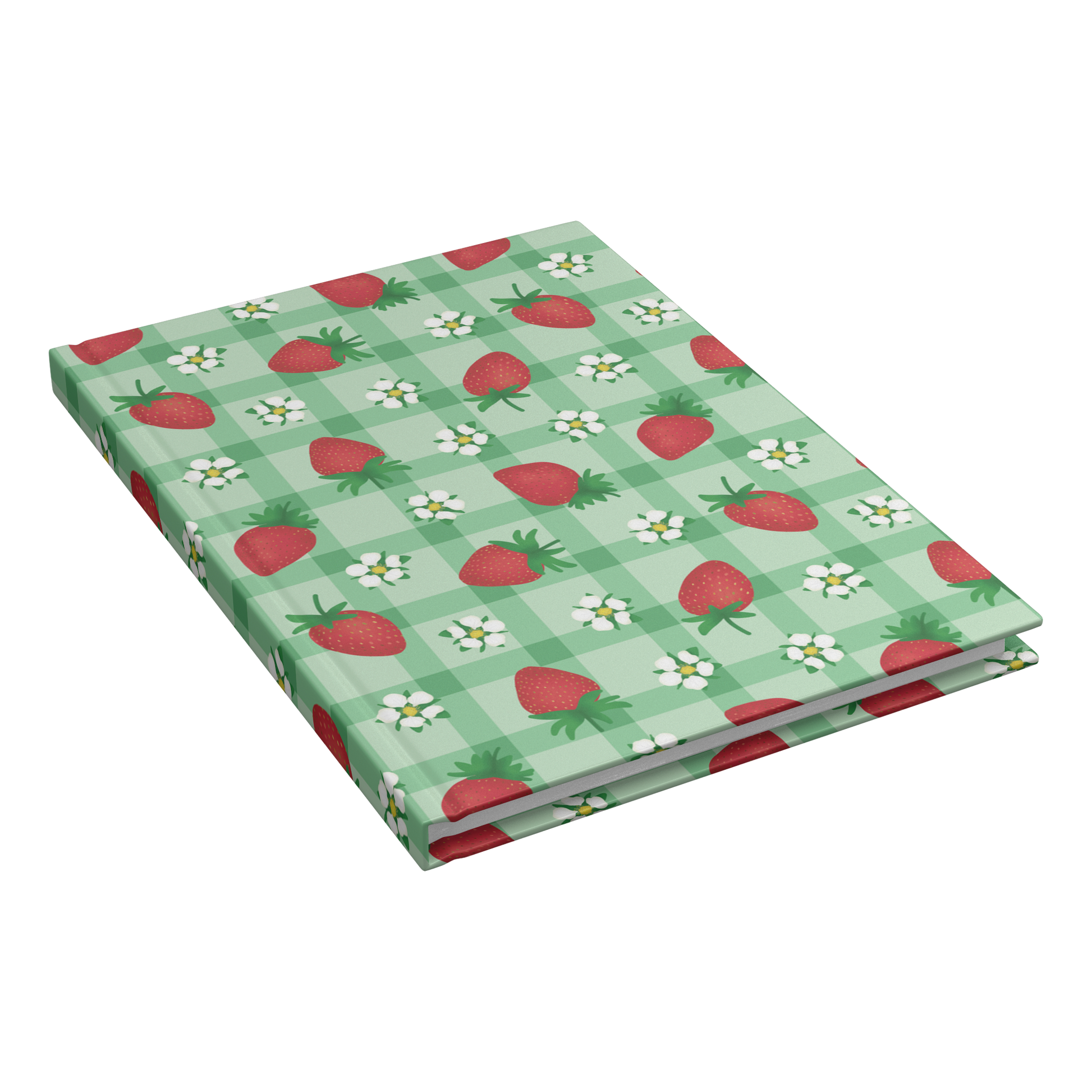 Hardcover journal with red strawberries and white flowers on green gingham.