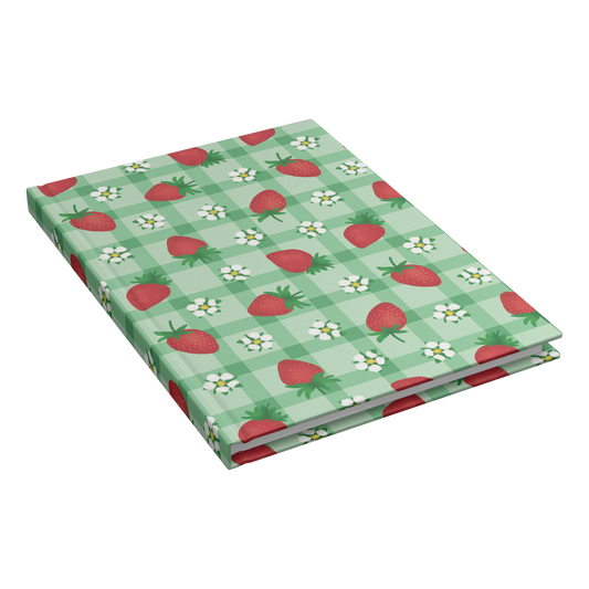 Hardcover journal with red strawberries and white flowers on green gingham.