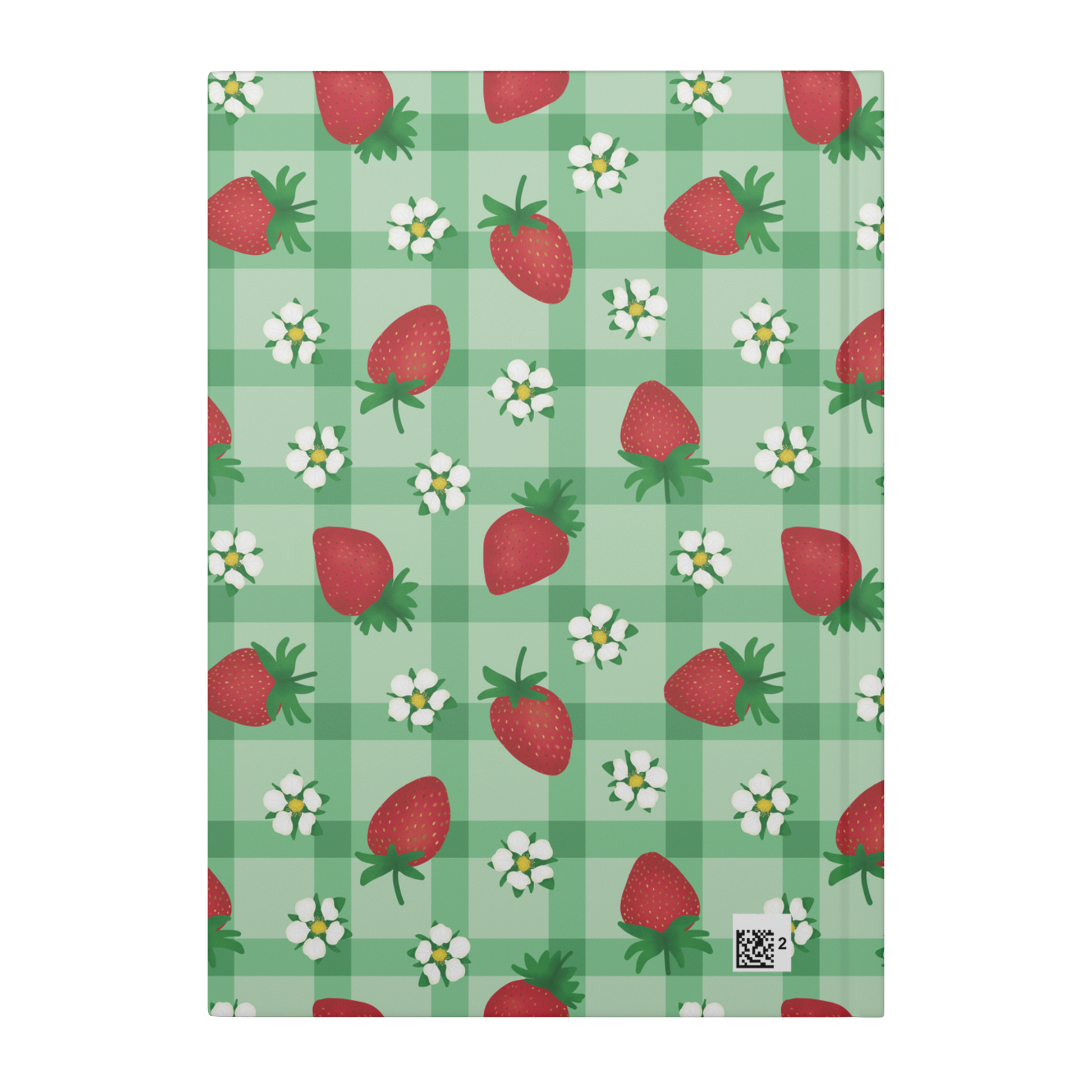 Hardcover journal with red strawberries and white flowers on green gingham.