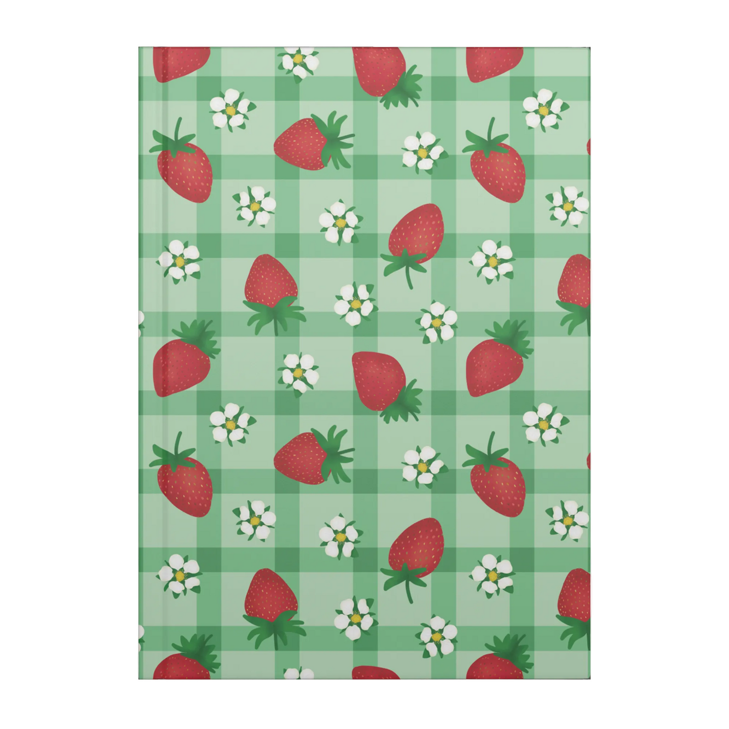 Hardcover journal with red strawberries and white flowers on green gingham.